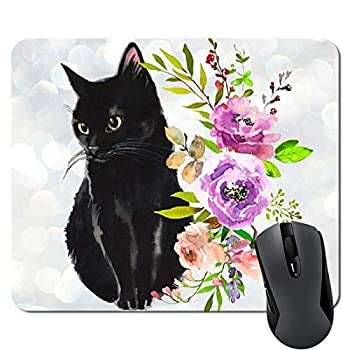 【中古】【輸入品 未使用】Black Cat Floral Watercolor Mouse Pad Cute Cat Lover Gift Desk Accessories Decor for Women Computer Mousepad School Supplies 並行輸入