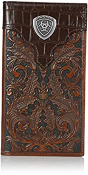 Ariat Rodeo Checkbook Floral Tooled Tan Mens Western Wallet, Brown