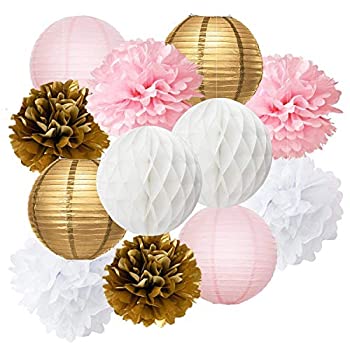 Furuix 12pcs Pink Gold Party Decoration Kit Tissue Paper Pom Pom Honeycomb Ball and Paper Lantern for Girls' Birthday Wedding Decoratio