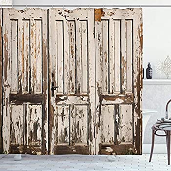 【中古】【輸入品・未使用】(180cm W By 210cm L Multi 4) - Rustic Shower Curtain by Ambesonne Vintage House Entrance with Vertical Lined Old Planks Distressed Hard