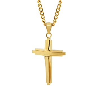 【中古】【輸入品・未使用】HZMAN メンズ ポリッシュステンレススチール シルバークロスペンダントネックレス 22+2インチチェーン ゴールド