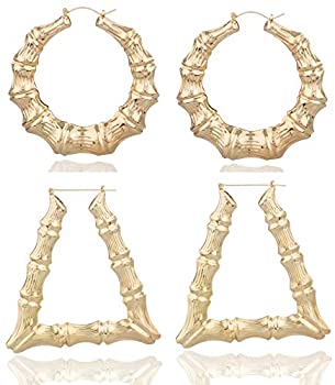 【中古】【輸入品・未使用】ゴールドトーン3.25インチ竹スタイルフープイヤリング、三角形の竹3.5インチフープ。。。
