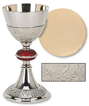 Catholic Brass 24KT Gold Tone Grape Patterned Red Node Chalice and Paten Set by Religious Gifts