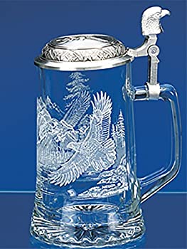 【中古】【輸入品・未使用】JAMES MEGER GLASS BALD EAGLE STEIN Etched German Glass Beer Stein w/Pewter Lid Made in Germany