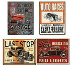 【中古】【輸入品・未使用】ビンテージホットロッドガレージTin Signsバンドル???Legendsアメリカンホットロッド、Vintage Auto Races、Last StopホットRod Repair and Life