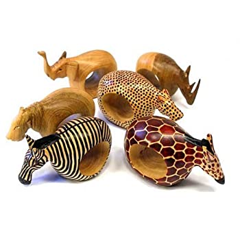 【中古】【輸入品・未使用】Global Crafts Men's Set Of Six Mahogany Wood Animal Napkin Rings