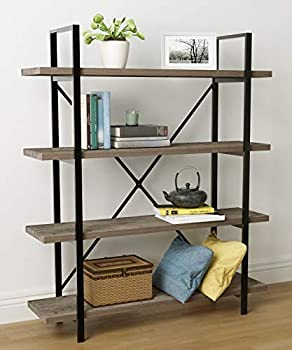 【中古】45MinST 4-Tier Vintage Industrial Style Bookcase/Metal and Wood Bookshelf Furniture for Collection Gray Oak 3/4/5 Tier (4-Tier)