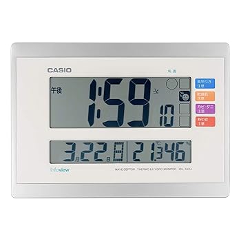 【中古】CASIOカシオ 置き時計 電波 ホワイト デジタル 生活環境 温度 湿度 カレンダー 表示 置き掛け兼用 IDL-140J-7JF