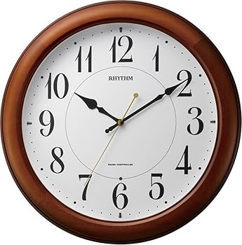【中古】リズムRHYTHM 掛け時計 電波時計 アナログ 暗所 ライト 自動 点灯 木 茶 半艶仕上げ ф33.7x5.4cm ピュアライトM25 4MYA25SR06 ブラウン