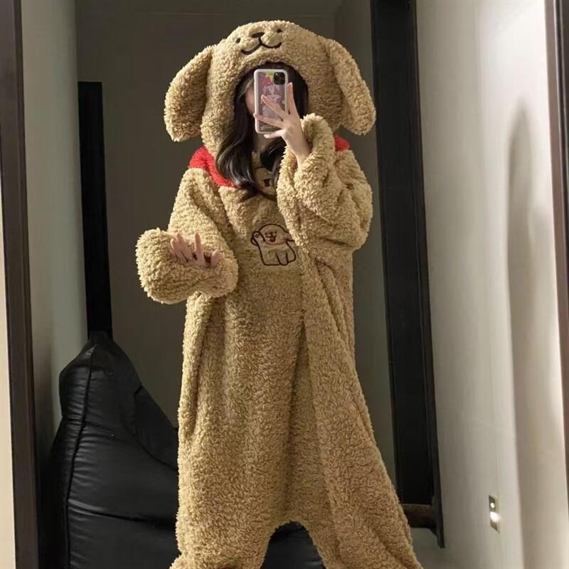 犬のフリースパジャマ 着ぐるみパジャマ もこもこ フード付き 超ゆるふわ 厚手防寒 しっとり肌触り 室内用 ルームウェア ホームウェア 秋冬 寝巻き 少しの外出ならOK 室内着 部屋着