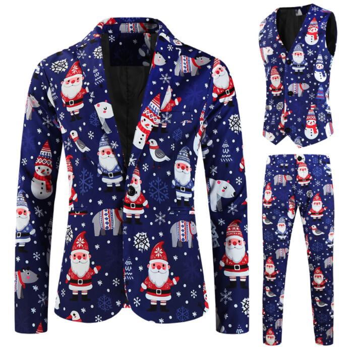 Rakuten - メンズクリスマススーツ 男性 クリスマス コスプレ衣装 雪だるま柄 サンタ柄 雪柄 スーツ クリスマス元素 ジャケット ベスト パンツ メンズ 仮装 舞台 演出服 魔術 カラオケ シンガー