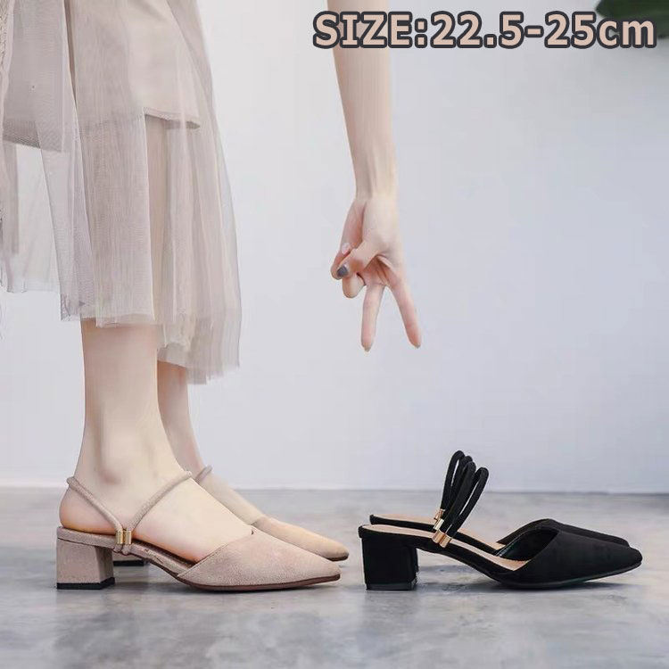 Rakuten - ミュール サンダル レディース パンプス ストラップ おしゃれ オフィスサンダル ヒール4.5cm ミュールサンダル 春夏 ポインテッドトゥ 美脚 カジュアル 太 スエード ミュールパンプス