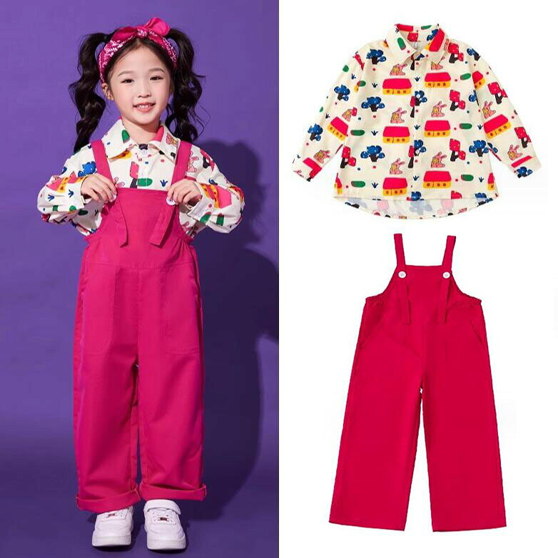 アトリエ楽天市場店の子供服 ロング丈サロペット 花柄シャツ 上下2点セット ダンス 衣装 キッズ 男女兼用 ツナギ服 ロング丈 カラフル オールインワン ゆったり 女の子 男の子 学園祭 遊び会 中学生 幼稚園｜アングル3