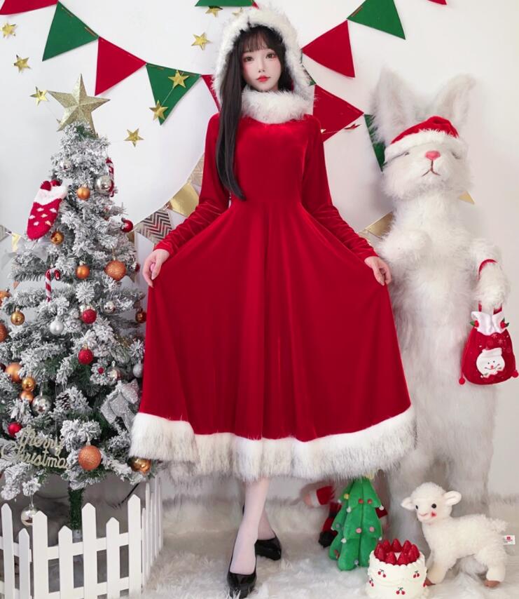 クリスマスドレス ロング丈 クリスマス ワンピース レディース コスプレ衣装 女性 大人 サンタクロース 変身仮装 クリスマスパーティー フード付き クリスマスワンピース 長袖