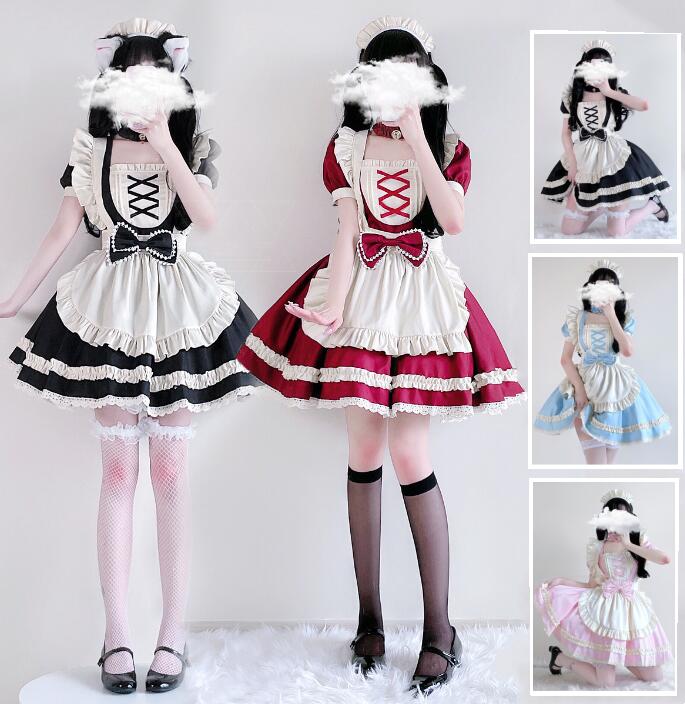 Rakuten - メイド服 膝丈 ロリータワンピース 半袖 5点セット 女性 ハロウィン コスプレ衣装 スカラップ ドレス 学園祭 文化祭 イベント 撮影衣装 コスチューム ブラック ワイン ブルー ピンク