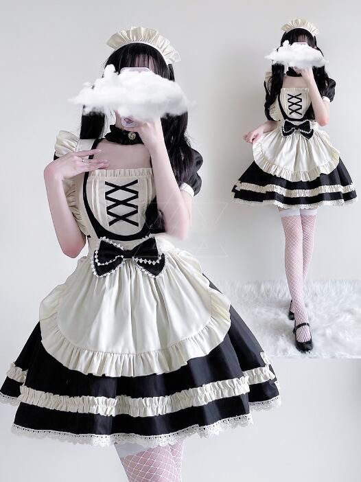メイド服 膝丈 ロリータワンピース 半袖 5点セット 女性 ハロウィン コスプレ衣装 スカラップ ドレス 学園祭 文化祭 イベント 撮影衣装 コスチューム ブラック ワイン ブルー ピンク atries-10009219 アトリエ楽天市場店 サンプル画像2
