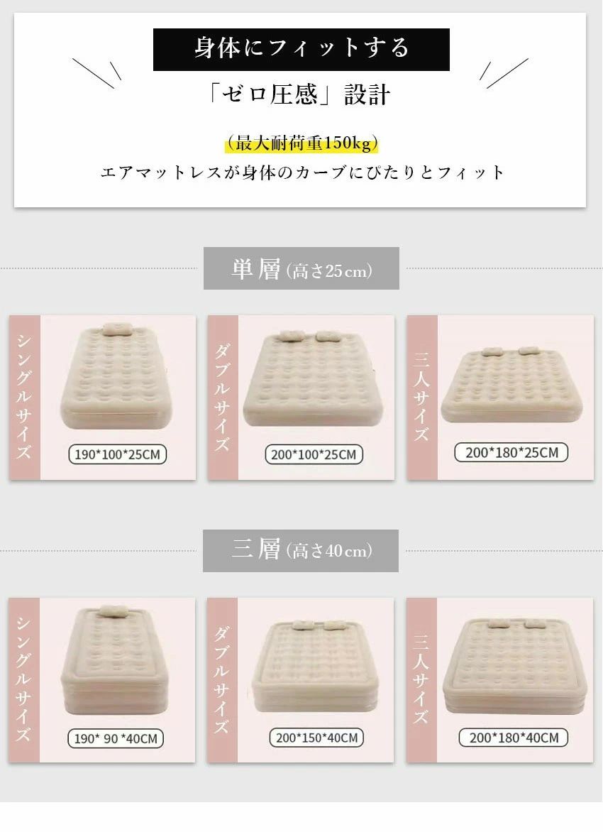 エアーベッド 電動ポンプ内蔵 シング ダブル 来客用 車中泊 エアベッド キャンプ アウトドア コンパクト 折り畳みベ 防災対策 収納袋付 [2]