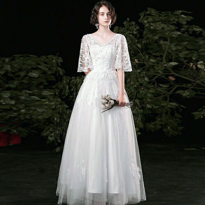 Rakuten - ウェディングドレス 袖あり ロングドレス 演奏会 Aラインドレス 結婚式 ウエディングドレス 二次会 パーティードレス 花嫁 ブライダル 披露宴 ワンピース 大きいサイズ お呼ばれ