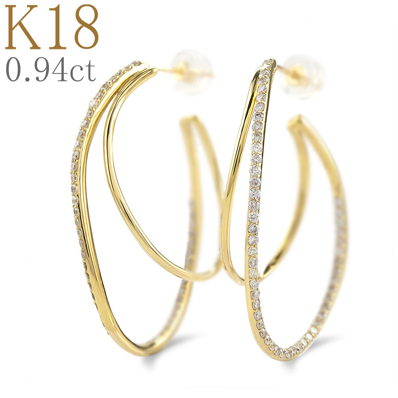 フープピアス 18金 ピアス 18k レディース ダイヤ ペア ダイヤモンド 2連 フープ ゴールド イエローゴールドk18 スタッドピアス 女性 プレゼント 人気 大ぶり 人気 両耳用 エレジャス大人 可愛い おしゃれ 可憐 普段使い