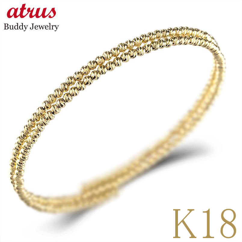 18金 バングル 18k ゴールド 2連 ブレスレット フリーサイズ 形状記憶 シンプル レディース ミラーボール イエローゴールドk18 k18 簡単着脱 人...