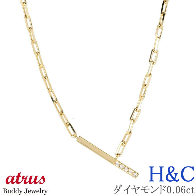 18金 ネックレス 18k メンズ ダイヤモンド ハート&キューピッド H&C ダイヤ 0.06ct ゴールド バーネックレス 50cm 太め イエローゴールド...