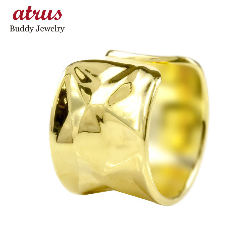 18金 リング イヤーカフ 大ぶり イエローゴールドk18 指輪 イヤークリップ 片耳用 イヤカフ イヤリング 幅広 太め ボロノイ模様 凸凹 テクスチャ18k...