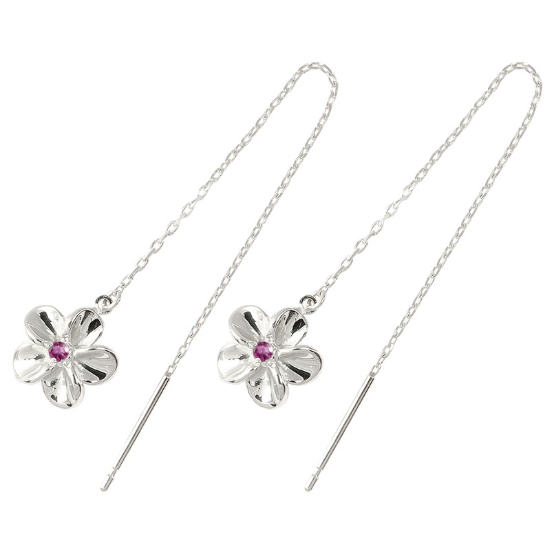 ピアス ハワイアンジュエリー プラチナ シンプル ハワイアン アメリカン ロングピアス ユニセックス ルビー 花 フラワー 7月誕生石 揺れる 人気 送料無料 男女兼用 普段使い