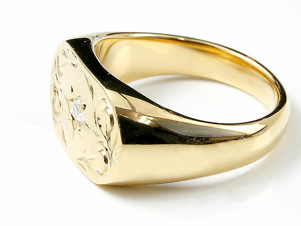 10金 リング ハワイアンジュエリー ダイヤモンド イエローゴールドk10 指輪 印台 シグネットリング 幅広 スクロール ユニセックス