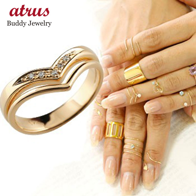 18金 リング ゴールド メンズ ファランジリング 指輪 2連リング ダイヤモンド ピンクゴールドk18 ミディリング 関節リング ピンキーリング V字リング ダイヤ 人気 男性 18k シンプル ファッションリング 普段使い