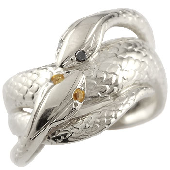 ブラックダイヤモンド シトリン スネーク 双頭のへび 蛇 指輪 シルバー ダイヤ 男女兼用 11月 人気