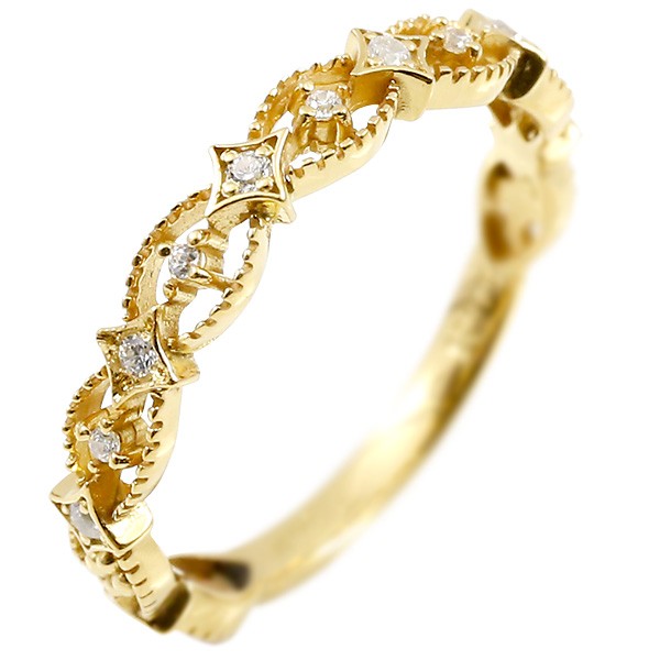 18金 リング 婚約指輪 ダイヤモンド イエローゴールドk18 指輪 エンゲージリング ダイヤ 透かし ミル打ちピンキーリング 宝石 男女兼用 18k 人気