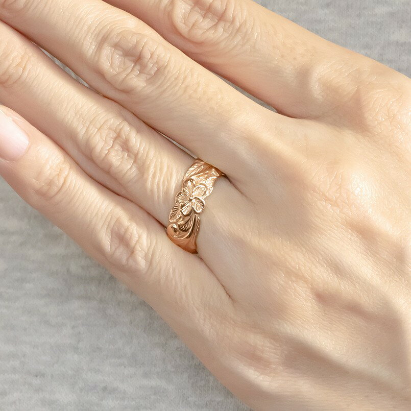 【10%OFFクーポンセール】 ゴールド リング ハワイアンジュエリー 指輪 ピンクゴールドk10 幅広 太め 婚約指輪 プルメリア ピンキーリング 地金 ユニセックス 2