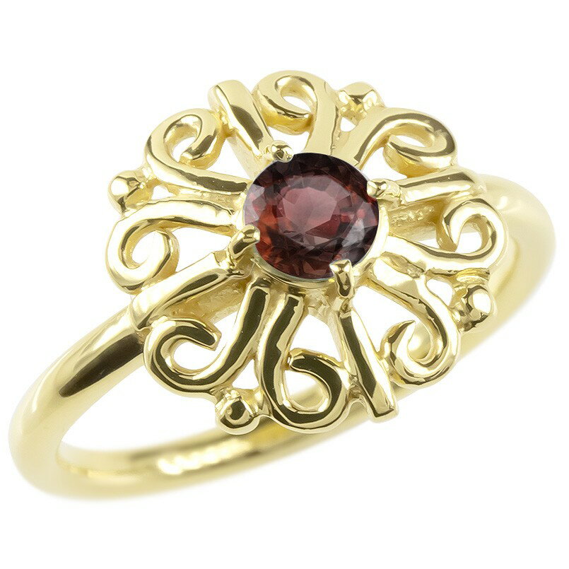 18金 リング ゴールド ガーネット レディース 指輪 イエローゴールドk18 婚約指輪 エンゲージリング ピンキーリング 透かし アラベスク アンティーク 花 送料無料