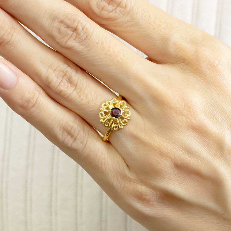 18金 リング ゴールド ガーネット レディース 指輪 イエローゴールドk18 婚約指輪 エンゲージリング ピンキーリング 透かし アラベスク アンティーク 花 送料無料