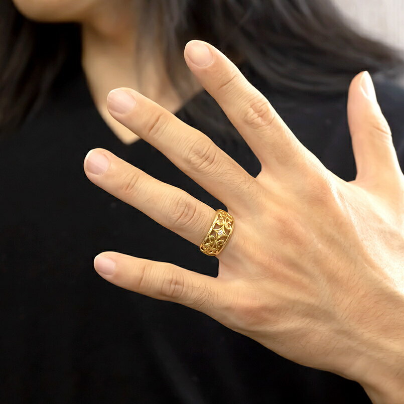 【10%OFFクーポンセール】純金 リング メンズ 24金 ダイヤモンド 指輪 k24 24k ピンキーリング 幅広 透かし スタンダード