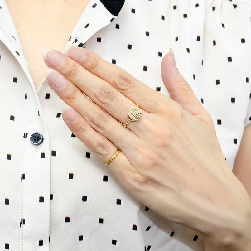 【10%OFFクーポンセール】 婚約指輪 ゴールド リング レディース 18金 18k ダイヤモンド ロケットリング スクエア 四角 指輪 k18 エンゲージリング イエローゴールドK18 アンティーク調 3