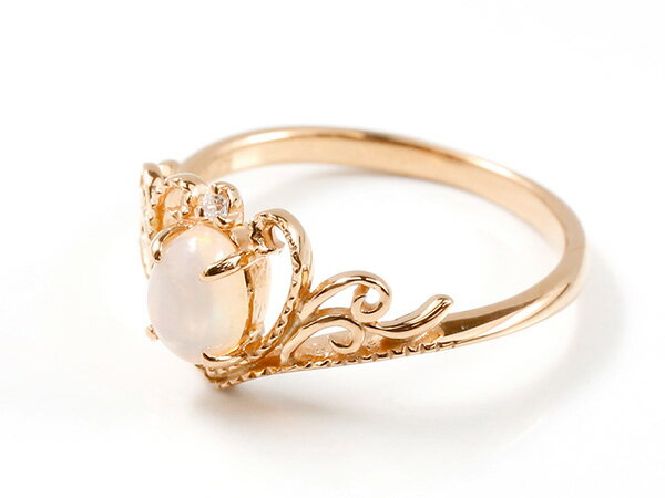 10金 リング 婚約指輪 ピンクゴールドk10 ティアラ 指輪 オパール ダイヤモンド エンゲージリング 透かしミル打ち ピンキーリング プリンセス レディース 10月誕生石