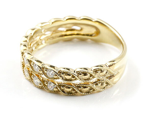 10金 リング 婚約指輪 イエローゴールドk10 ダイヤモンド 指輪 エンゲージリング 2連 ミル打ち ミルグレイン アンティーク調 ピンキーリング レディース