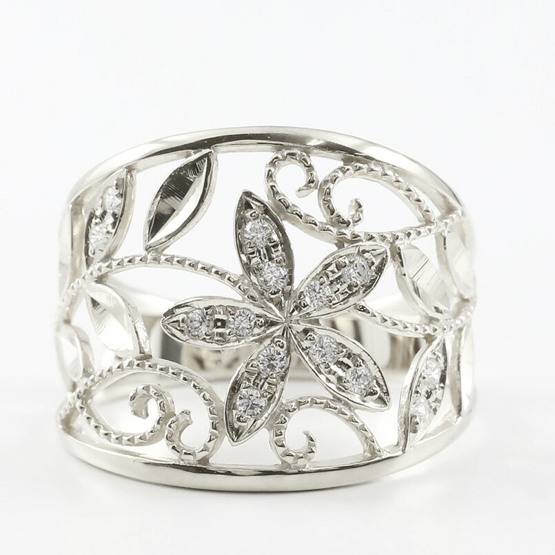 プラチナ リング レディース 花 透かし 幅広 ピンキーリング ダイヤモンド ダイヤ ファッションリング 太め ミル打ち ボタニカル pt900 人気