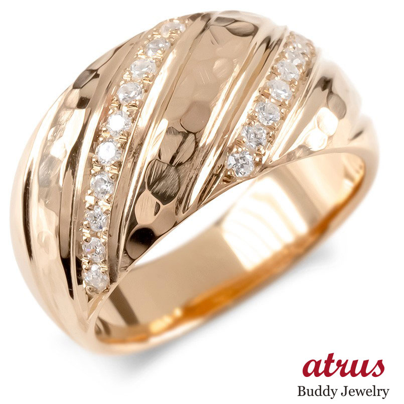 ピンキーリング 18k 18金 リング ダイヤモンド レディース ゴールド ピンクゴールドk18 エンゲージリング 幅広 太め 槌打ち ロック仕上げ 指輪 ファ...