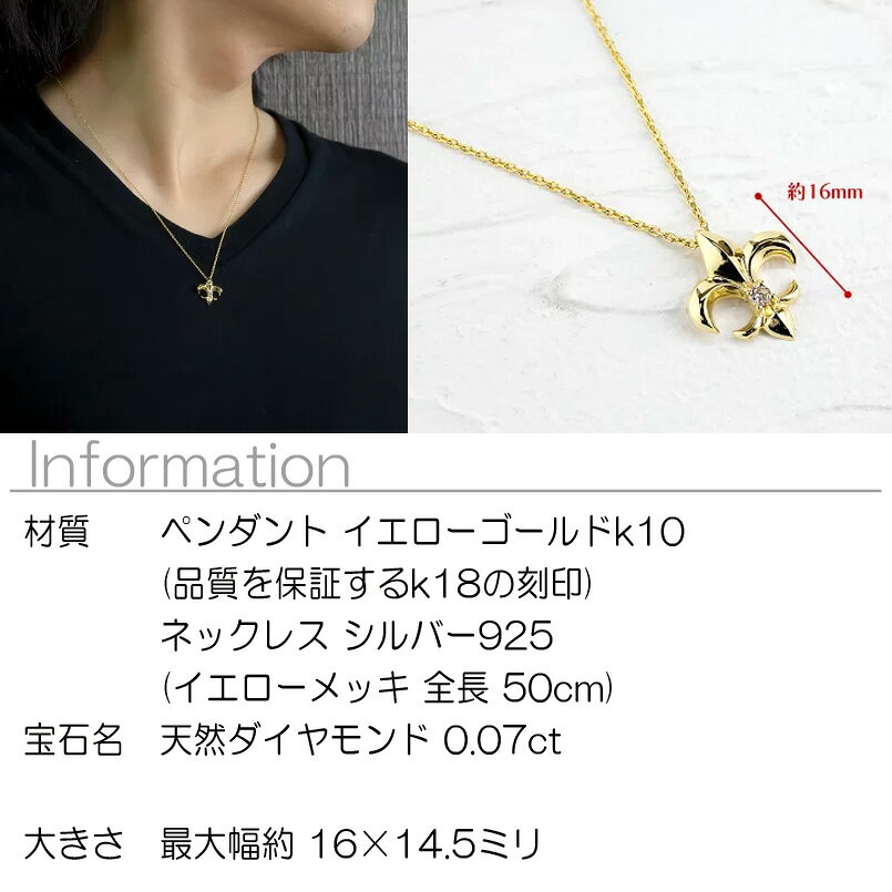 ネックレス メンズ 10金 ペンダントトップ ゴールド ダイヤモンド ユリの紋章 イエ...
