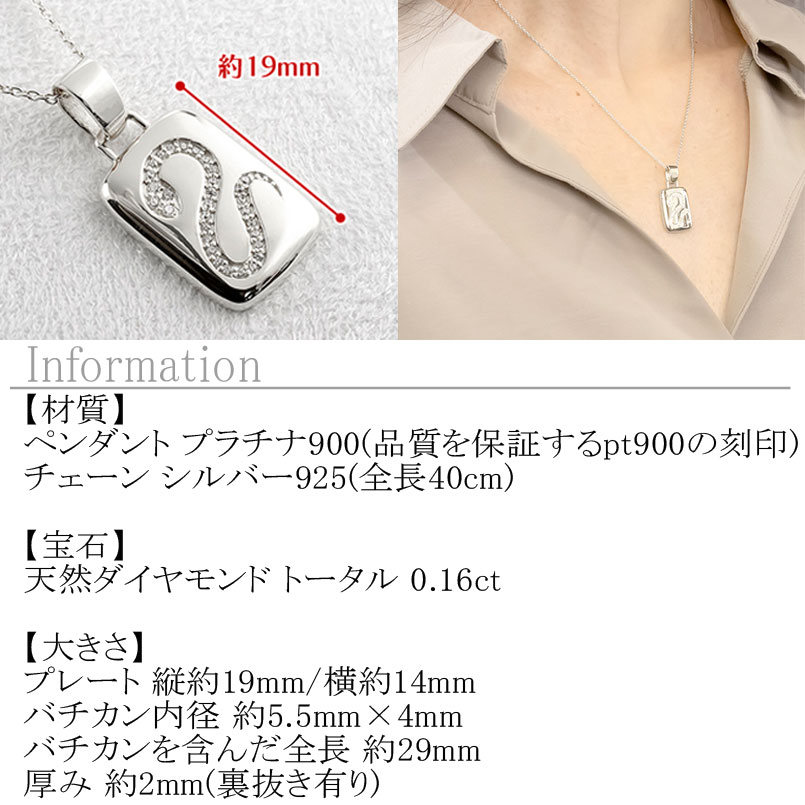ジュエリー工房アトラスの【10%OFFクーポンセール】 ヘビ 蛇 スネーク ペンダントトップ プラチナ インゴット型 ネックレス レディース チャーム プレート ダイヤモンド 0.16ct pt900 干支 巳年｜アングル2