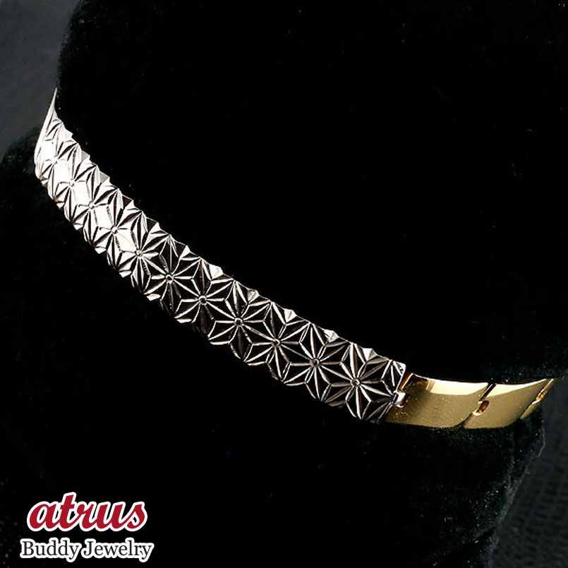 プラチナ ブレスレット レディース イエローゴールドk18 プラチナ900 幅広 太め 麻の葉 模様 和柄 切子 和彫り 和モダン 地金 pt900 k18 1...