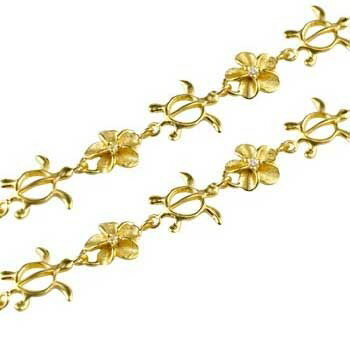 18金 ブレスレット ハワイアンジュエリー ペア イエローゴールドk18 ダイヤモンド 亀 花 ダイヤ 送料無料 18k 人気 普段使い