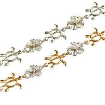 プラチナ ブレスレット ハワイアンジュエリー ペア ピンクゴールドk18 ダイヤモンド 亀 花 pt900 ダイヤ コンビ 送料無料 ユニセックス 男女兼用 人...