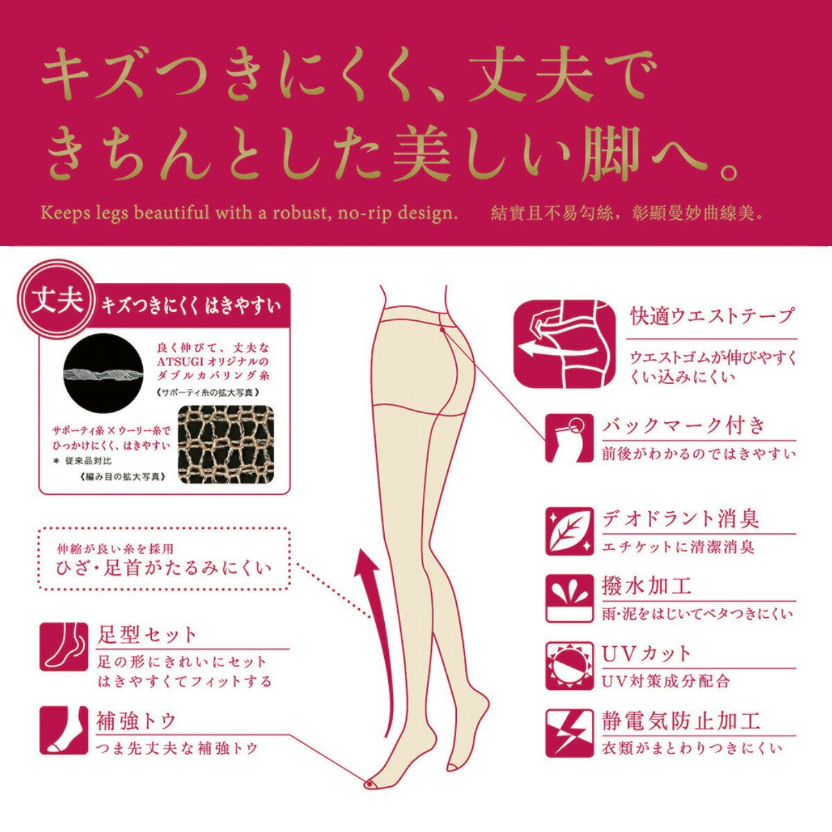 【ATSUGI公式】 アツギストッキング 強く丈夫で美しく FP9033P 着圧 黒 ベージュ 伝線しにくい 撥水加工 ショートストッキング パンスト レッグウェア レディース 多足組 S~M M~L L~LL 補強トウ 切替あり 消臭 静電気防止加工 UV UV対策 抗菌防臭 足首9hPa