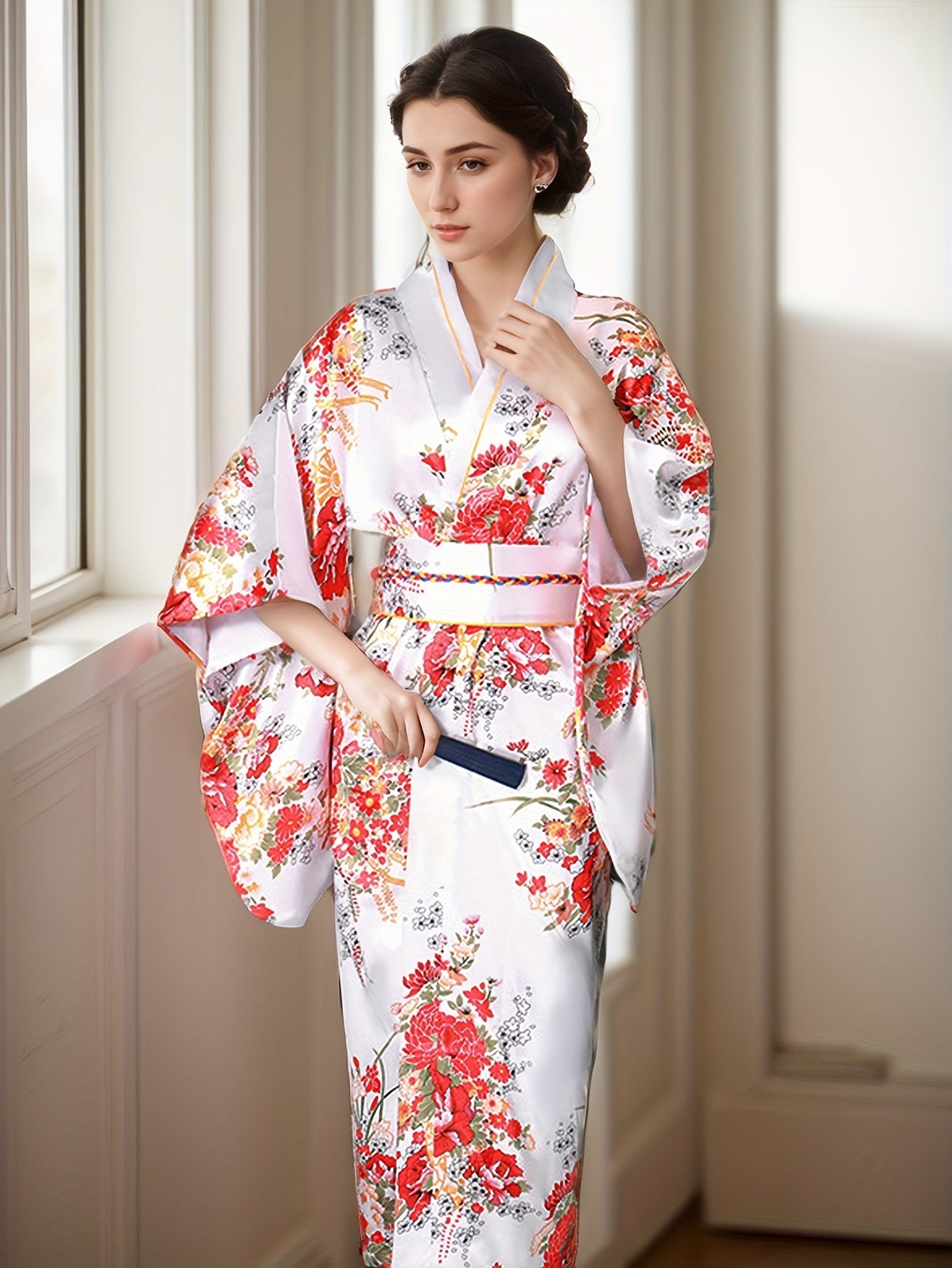 フローラルプリントスリップネック着物、エレガントなバットウィングスリーブスリムフィット着物、レディース衣料品【MPFA24080719】