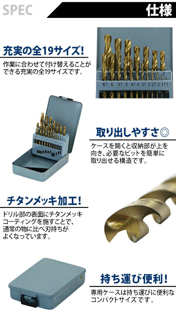 送料無料 ドリルビット 19PCS 19点 1mm〜10mm 木工用 鉄鋼用 丸軸タイプ ストレー...