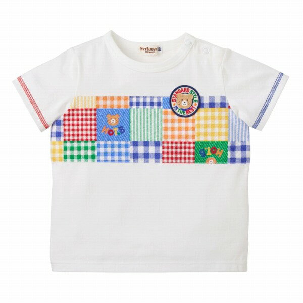 ●期間限定P11倍●30％OFFセール●ミキハウス　ホットビスケッツ　mikihouse　チェック　パッチワーク柄　半袖　Tシャツ(80・90・100・110・120）子ども服　幼児　保育園　幼稚園　キッズ　男の子　女の子　カジュアル　アウトレット