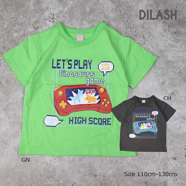 乐天商城 - ●50％OFFセール●ディラッシュ　DILASH ゲーム柄　半袖Tシャツ (110・120・130)子ども服　女の子　男の子　小学生　キッズ　ポップ　DL25ES027　グリーン　チャコール　アウトレット 半額